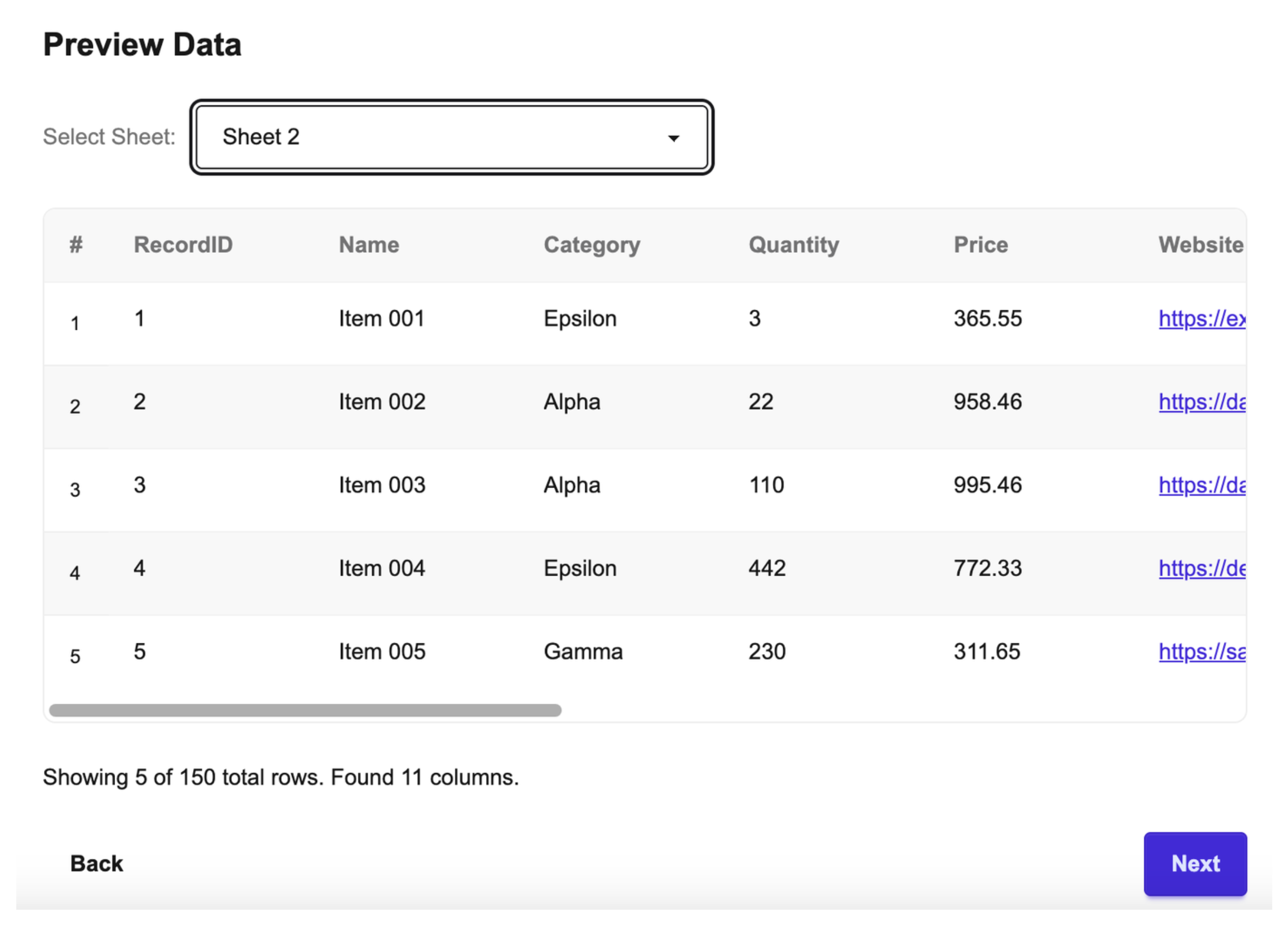 Visual representation of configuring import settings