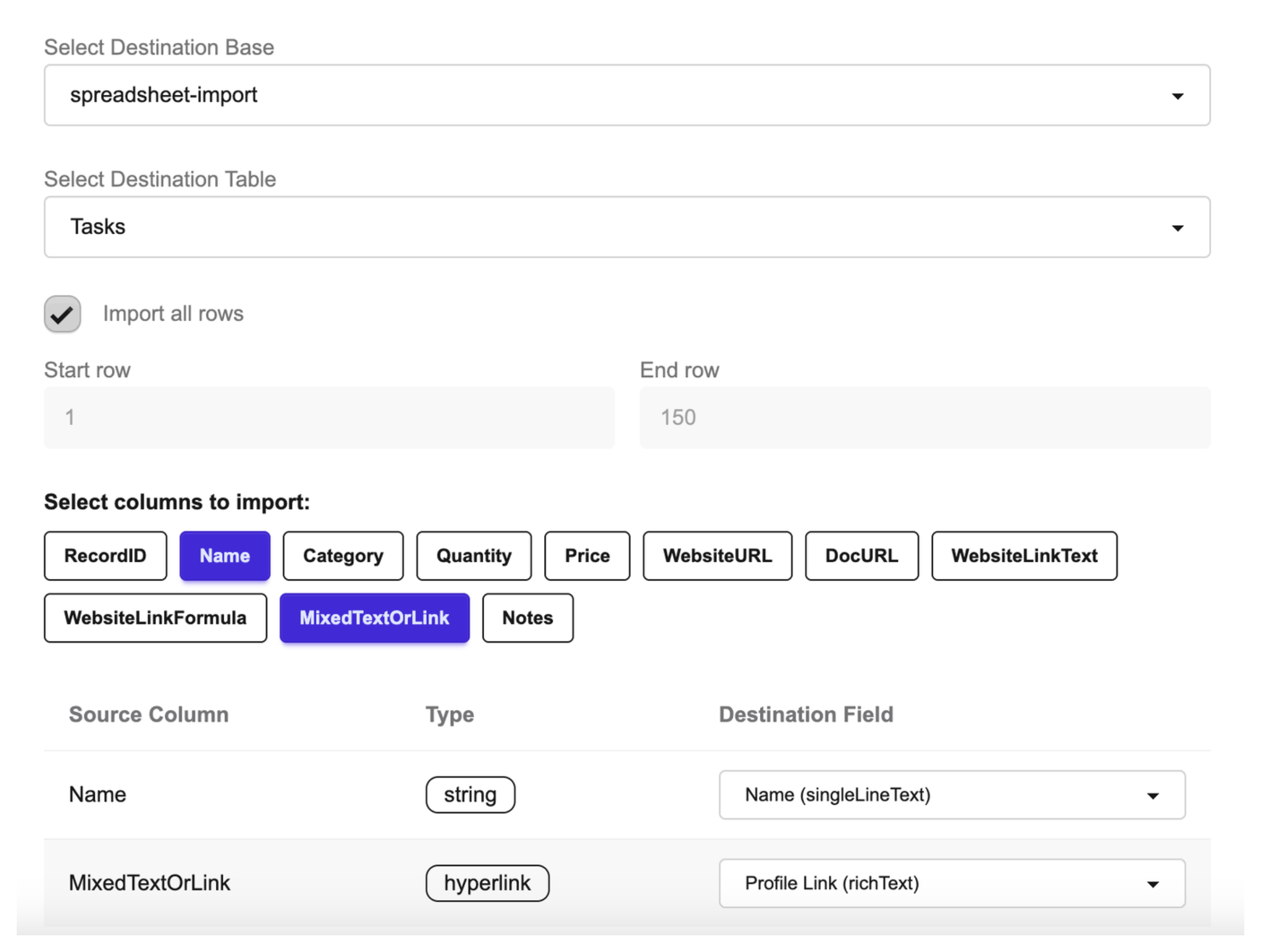 Visual representation of data successfully imported to Airtable