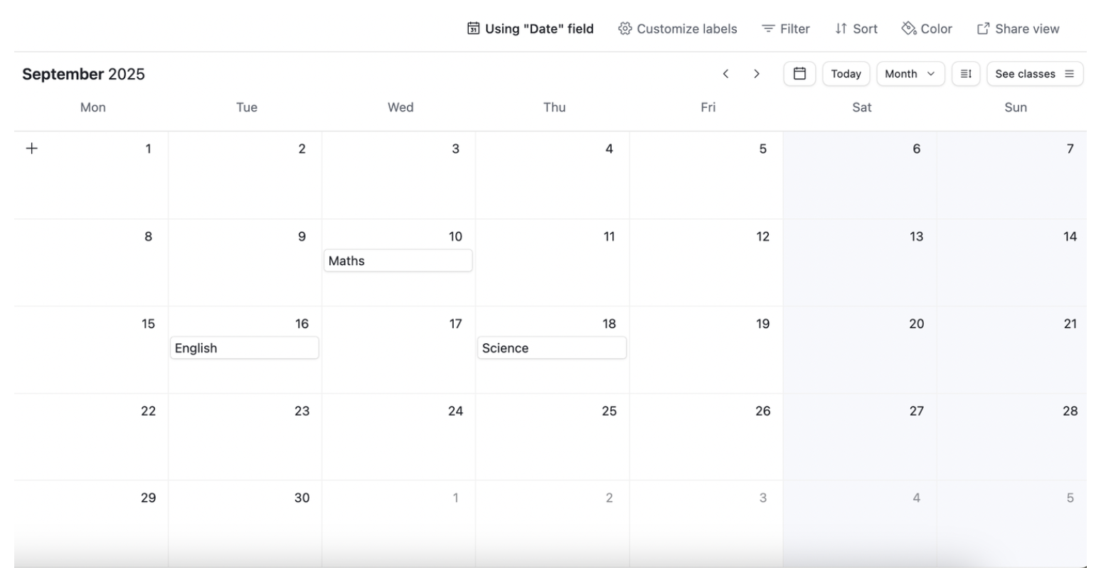 Calendar view in the Event Dates table showing individual occurrences of recurring events