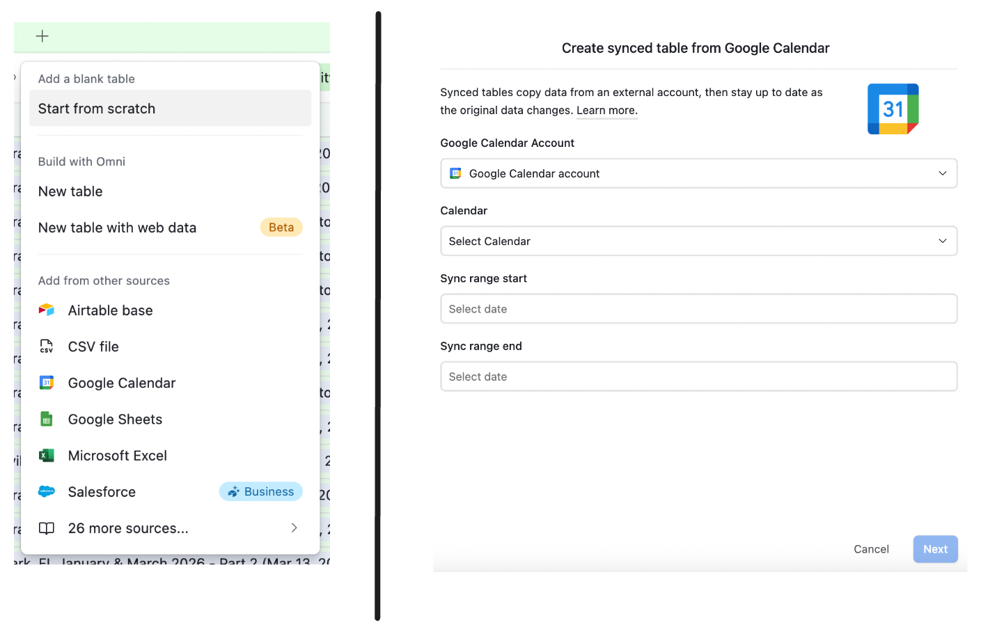 Airtable sync setup for Google Calendar showing the connection and field mapping options