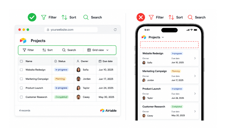 Comparison of Airtable embeds showing toolbar visible on desktop but hidden on mobile.