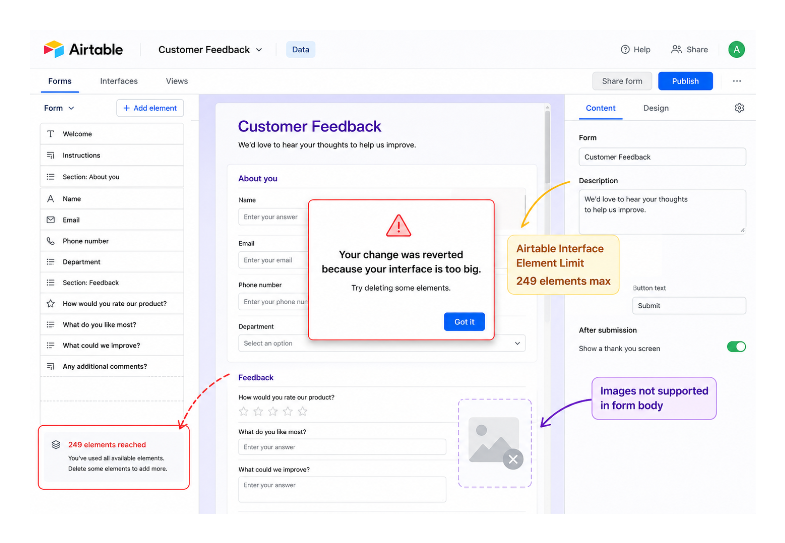 Airtable form showing the interface is too big error message