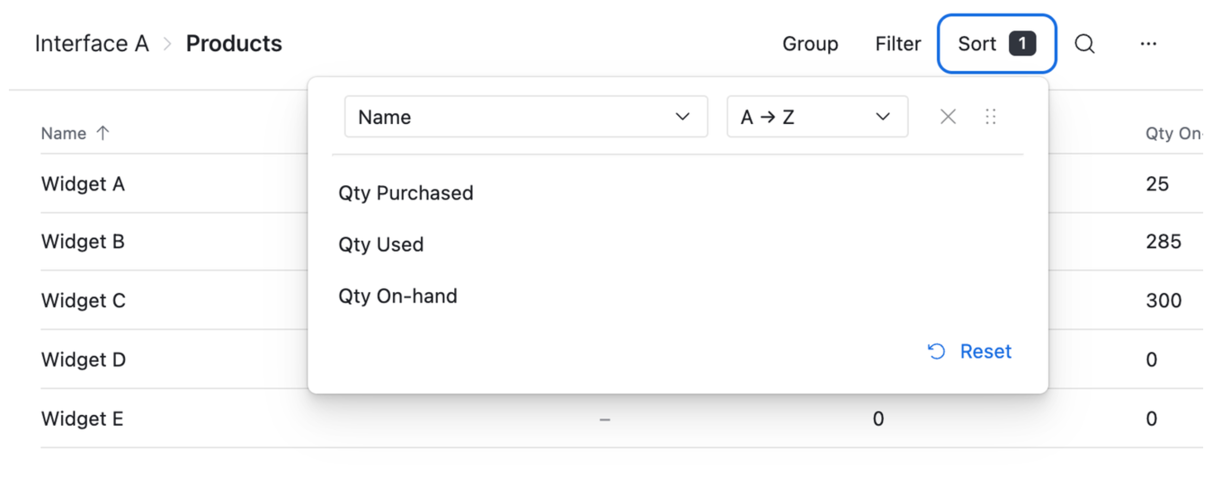 Sort button at the top of the Interface editor only affects the editor view