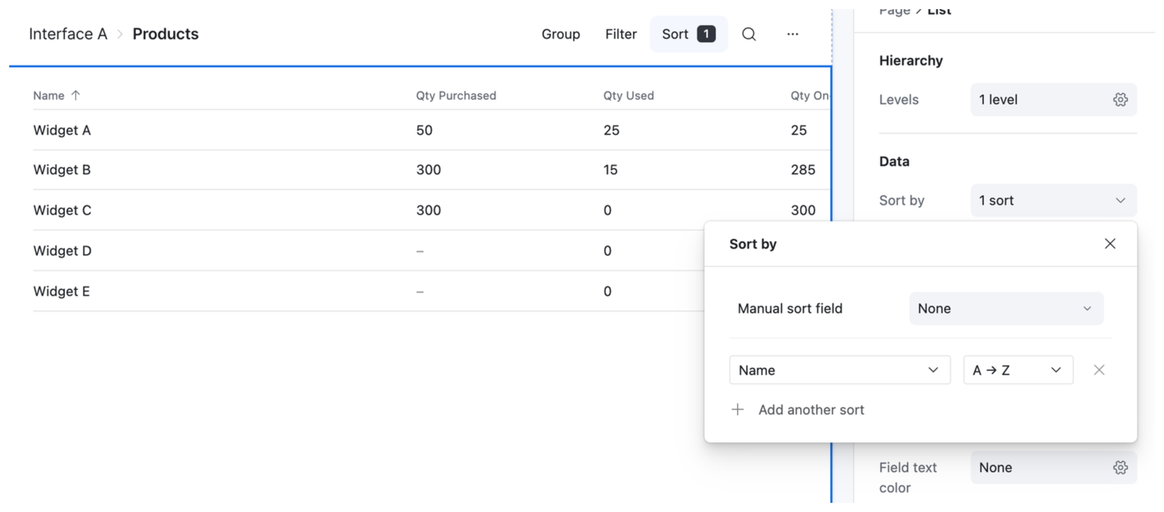 Sort settings inside the table element panel in the Interface editor