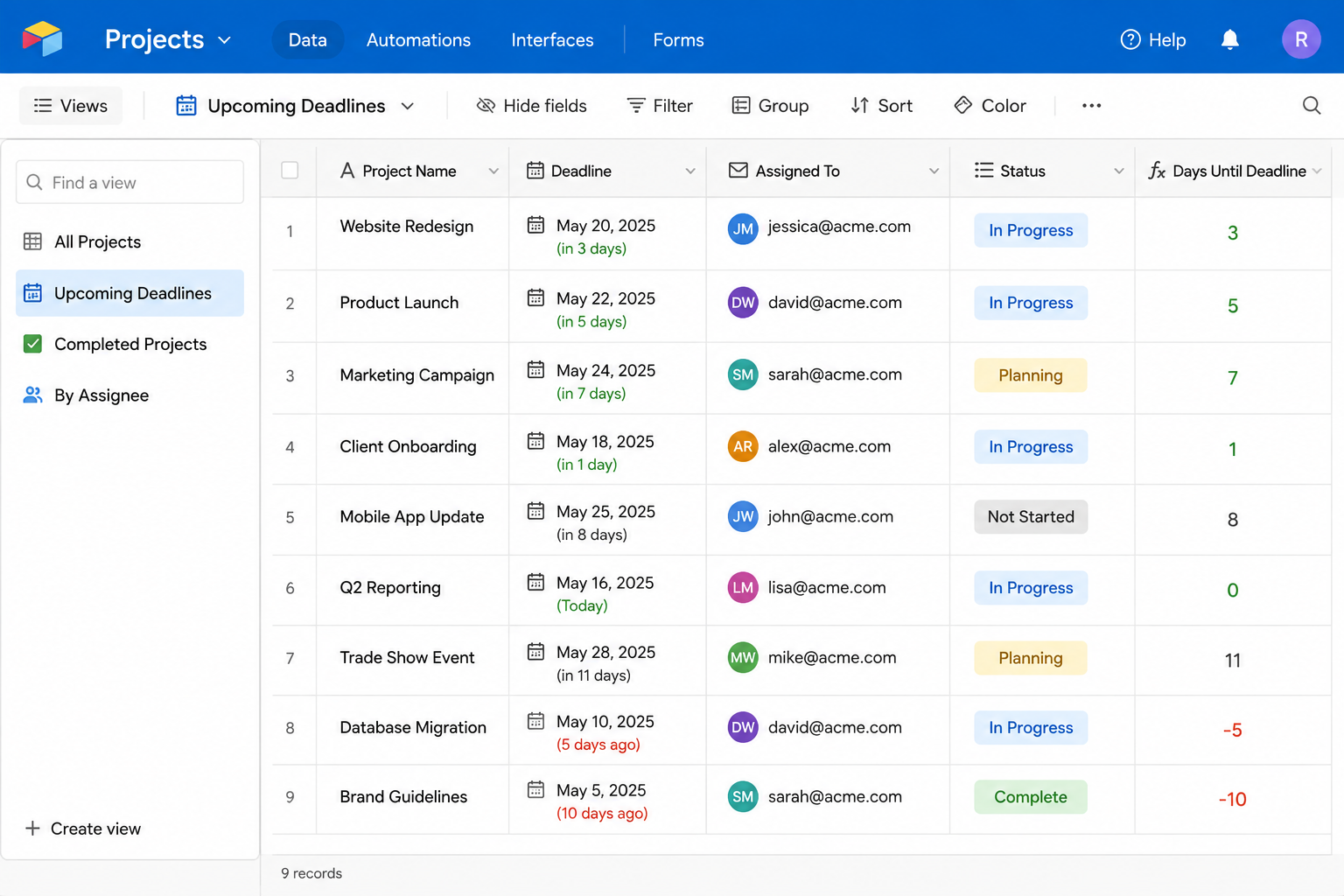 Airtable projects table showing upcoming deadlines, assignees, status, and days remaining