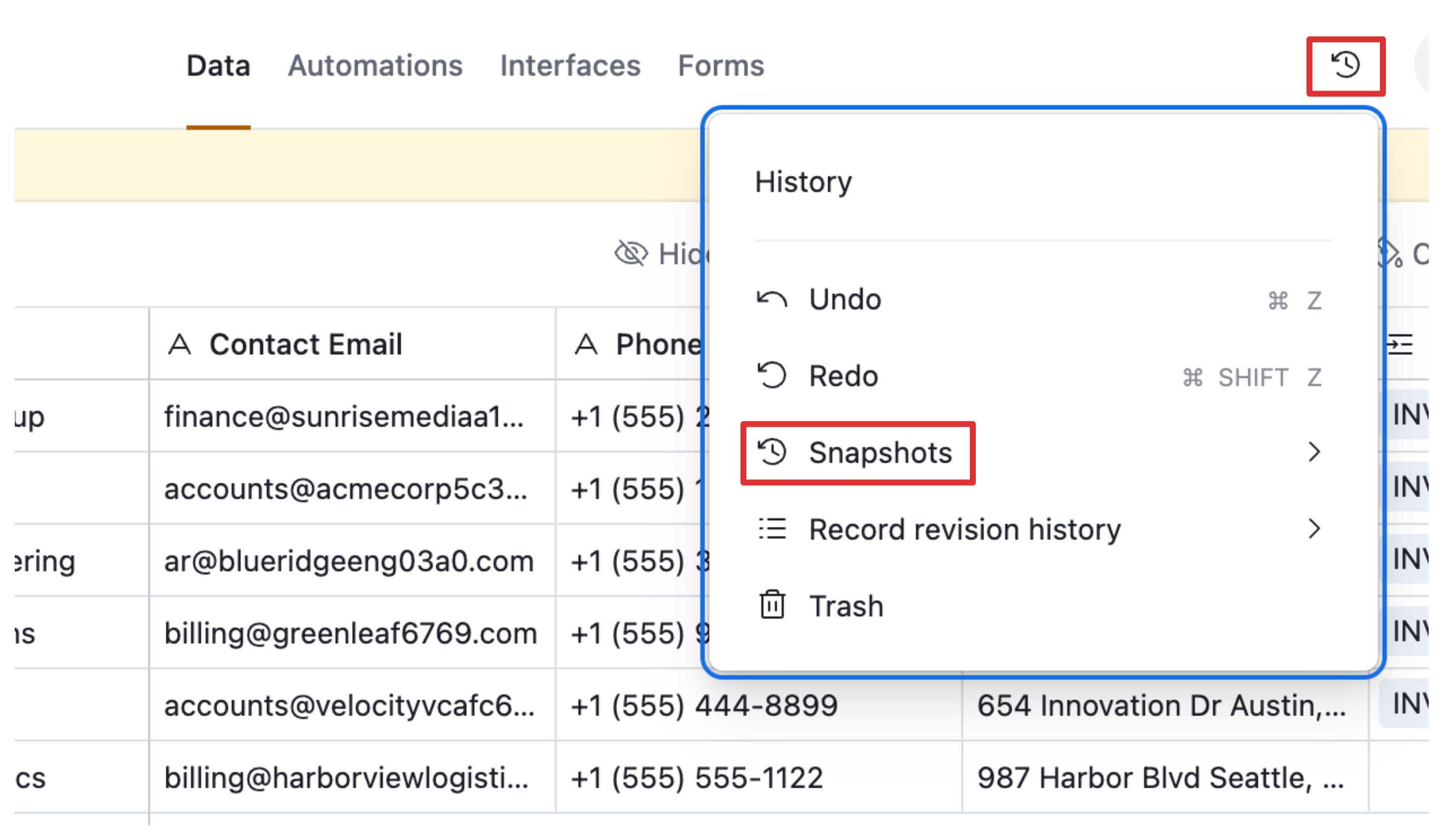 Snapshots list in Airtable showing available restore points with timestamps