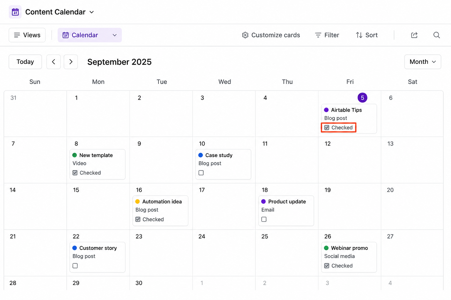 Airtable Calendar view showing the word Checked instead of a tick for completed events