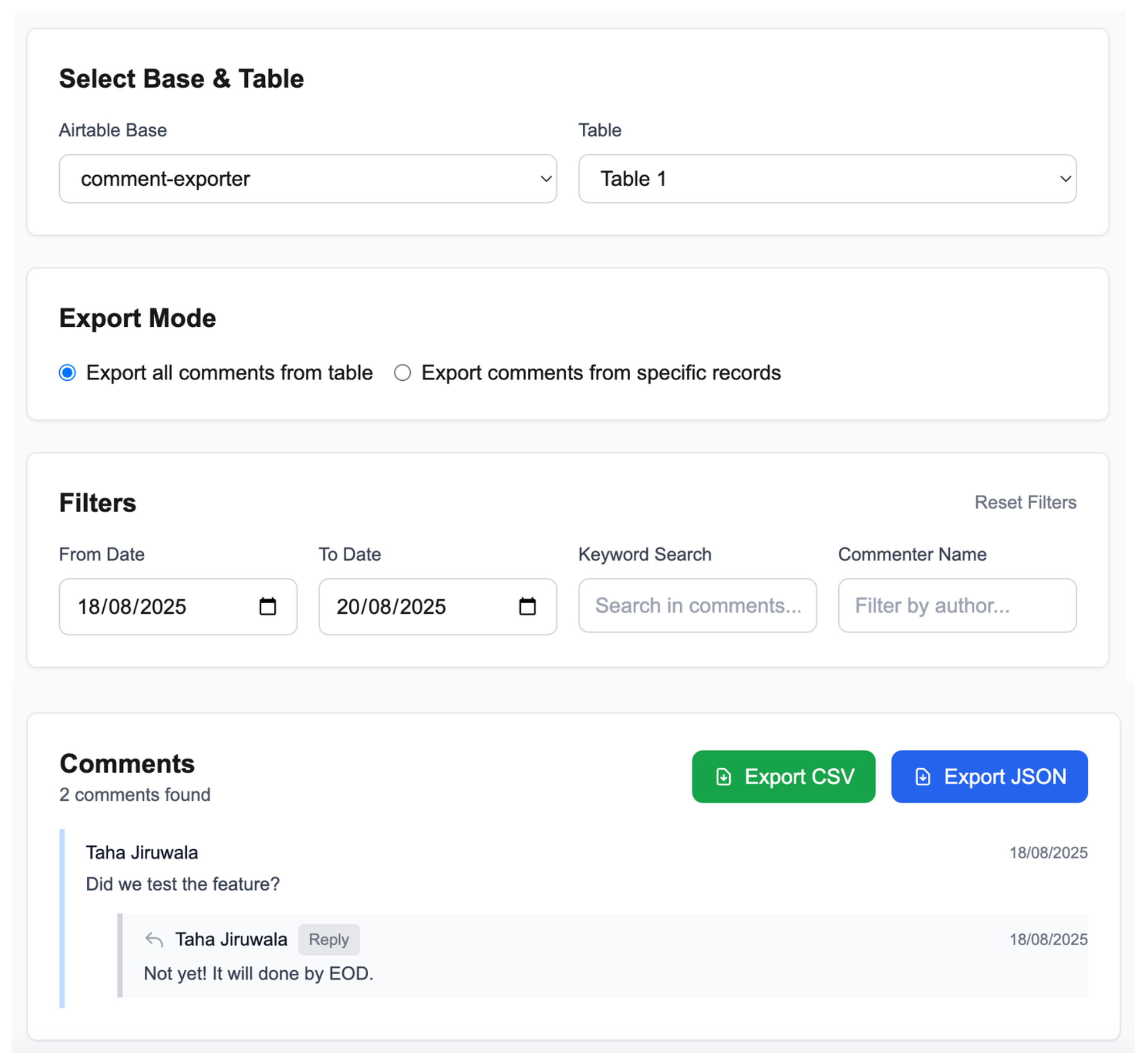 Airtable Comment Exporter Dashboard Screenshot