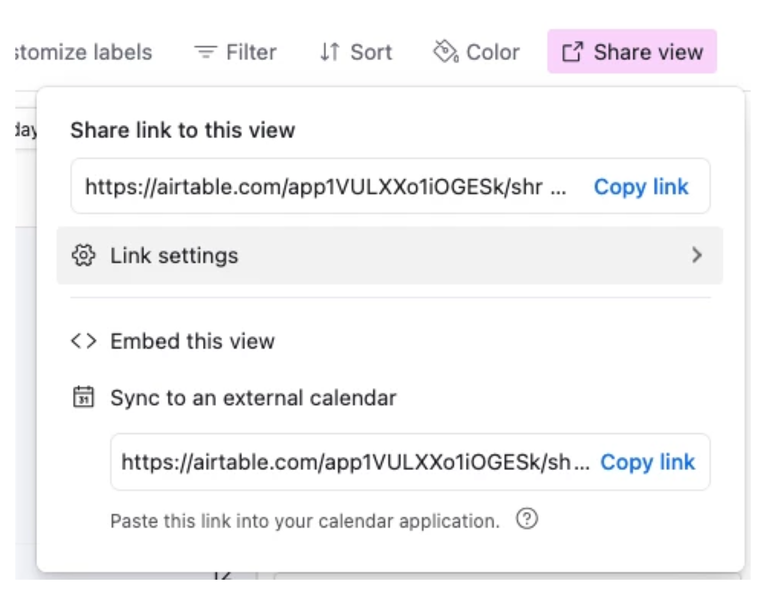 Airtable share view link settings showing the Default calendar timescale option