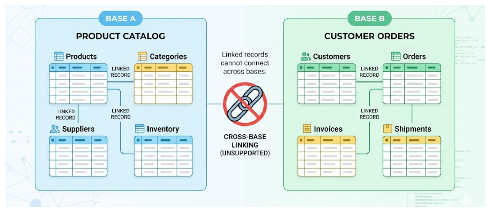 Diagram showing that Airtable linked records work within a base but cannot connect across different bases
