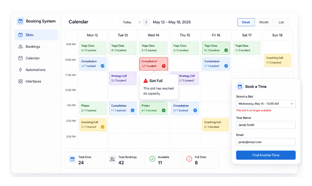 Airtable booking calendar showing slot availability and prevention of double bookings