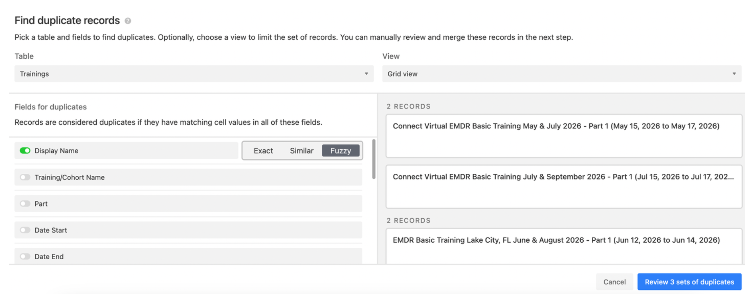 DeDupe extension showing table and field selection screen