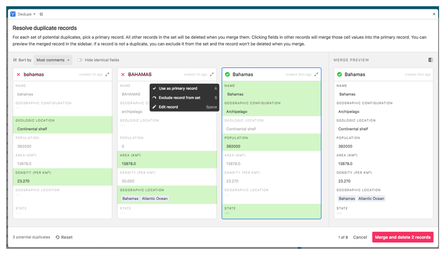DeDupe extension showing groups of matching records with merge and delete options