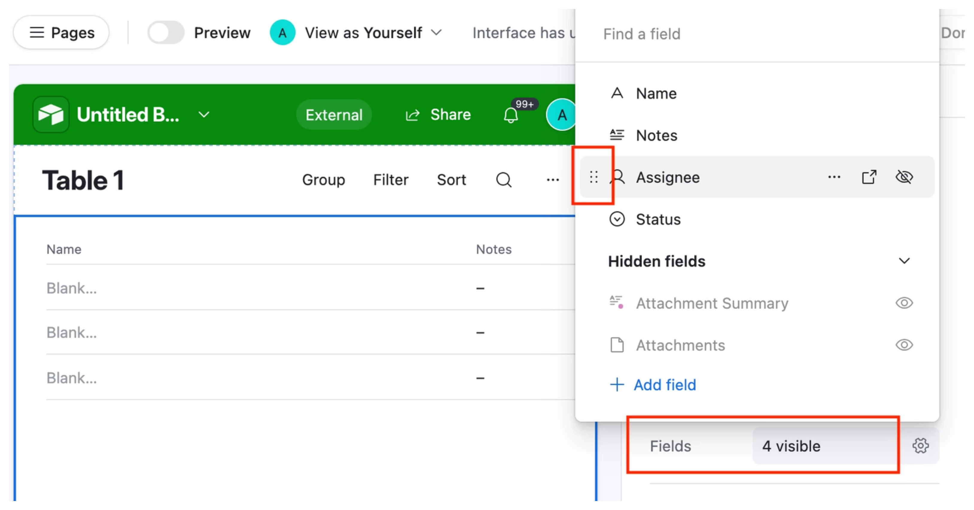 Fields section in the Interface element panel showing drag handles for reordering