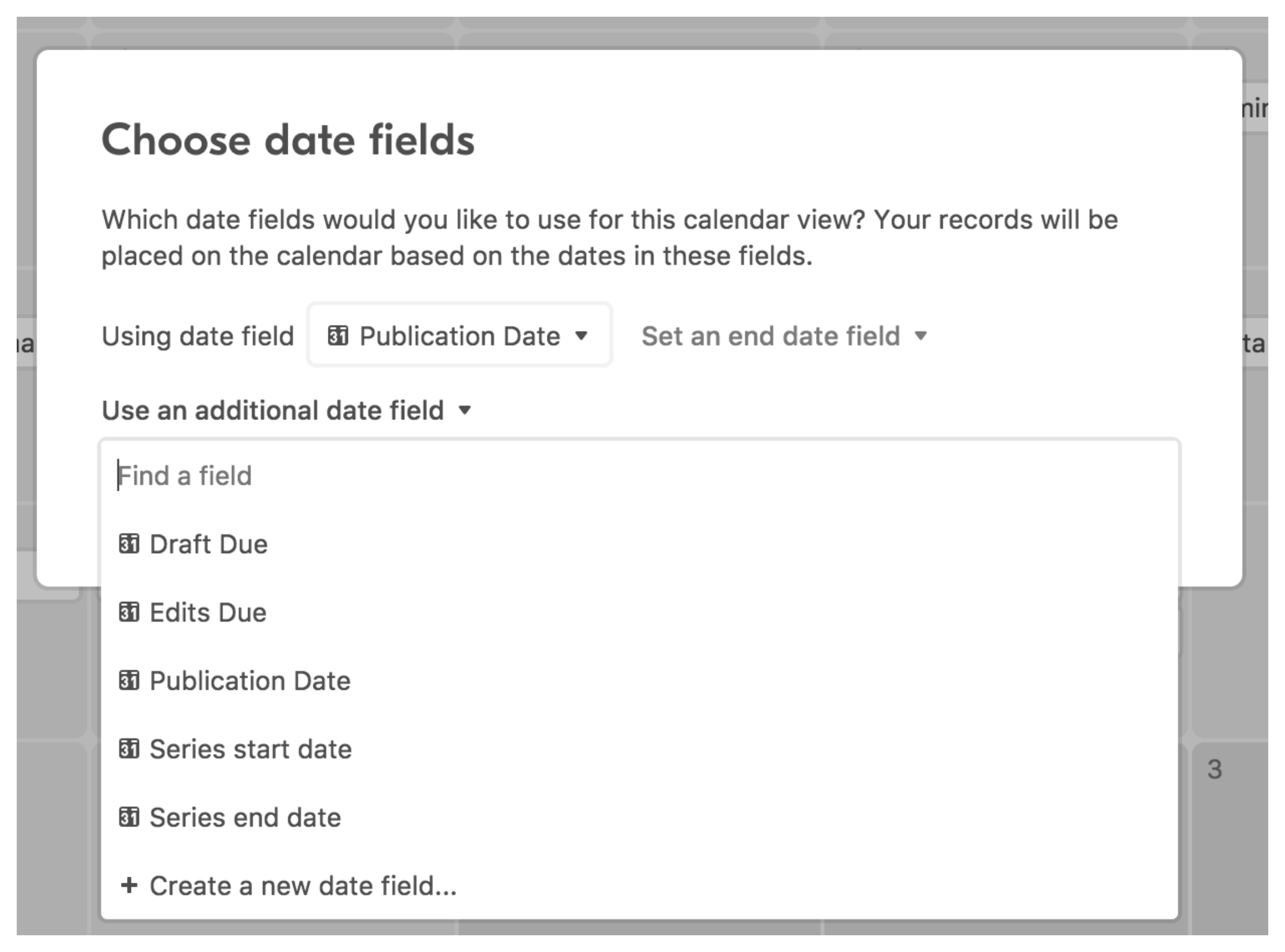 Calendar settings panel showing the option to add additional date fields