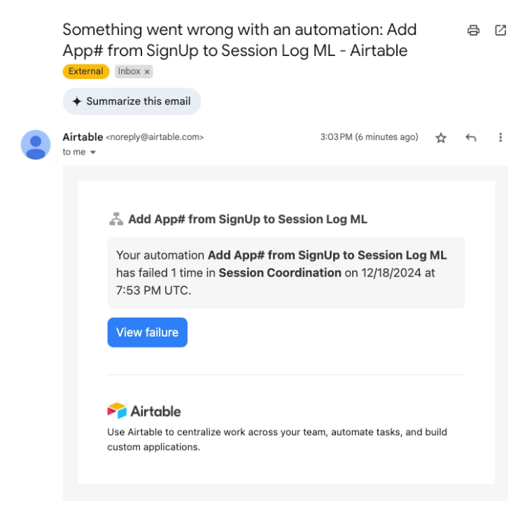 AAutomation failure email sent by Airtable.