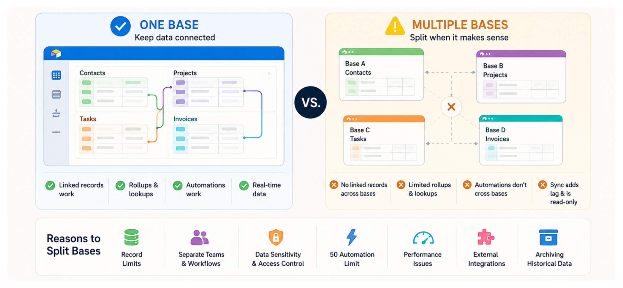 Infographic comparing one Airtable base vs multiple bases and when to split data structures.