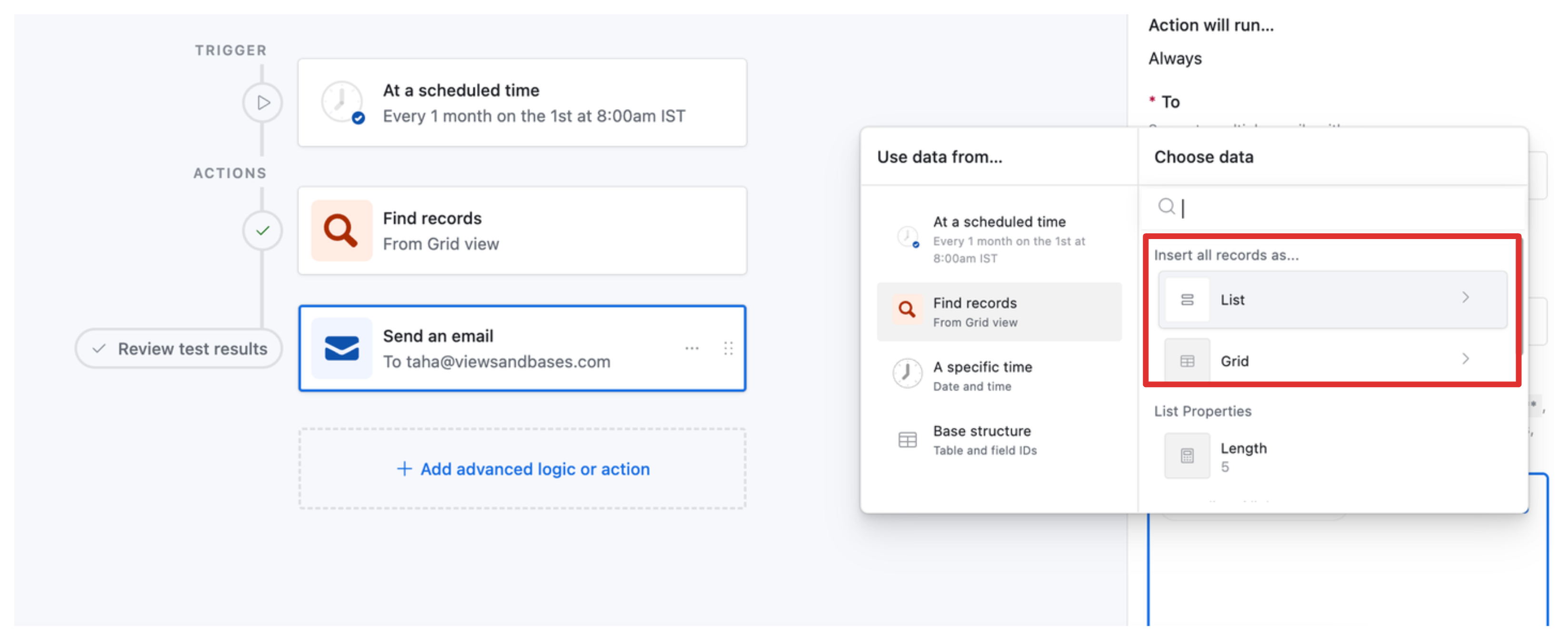 Send email action