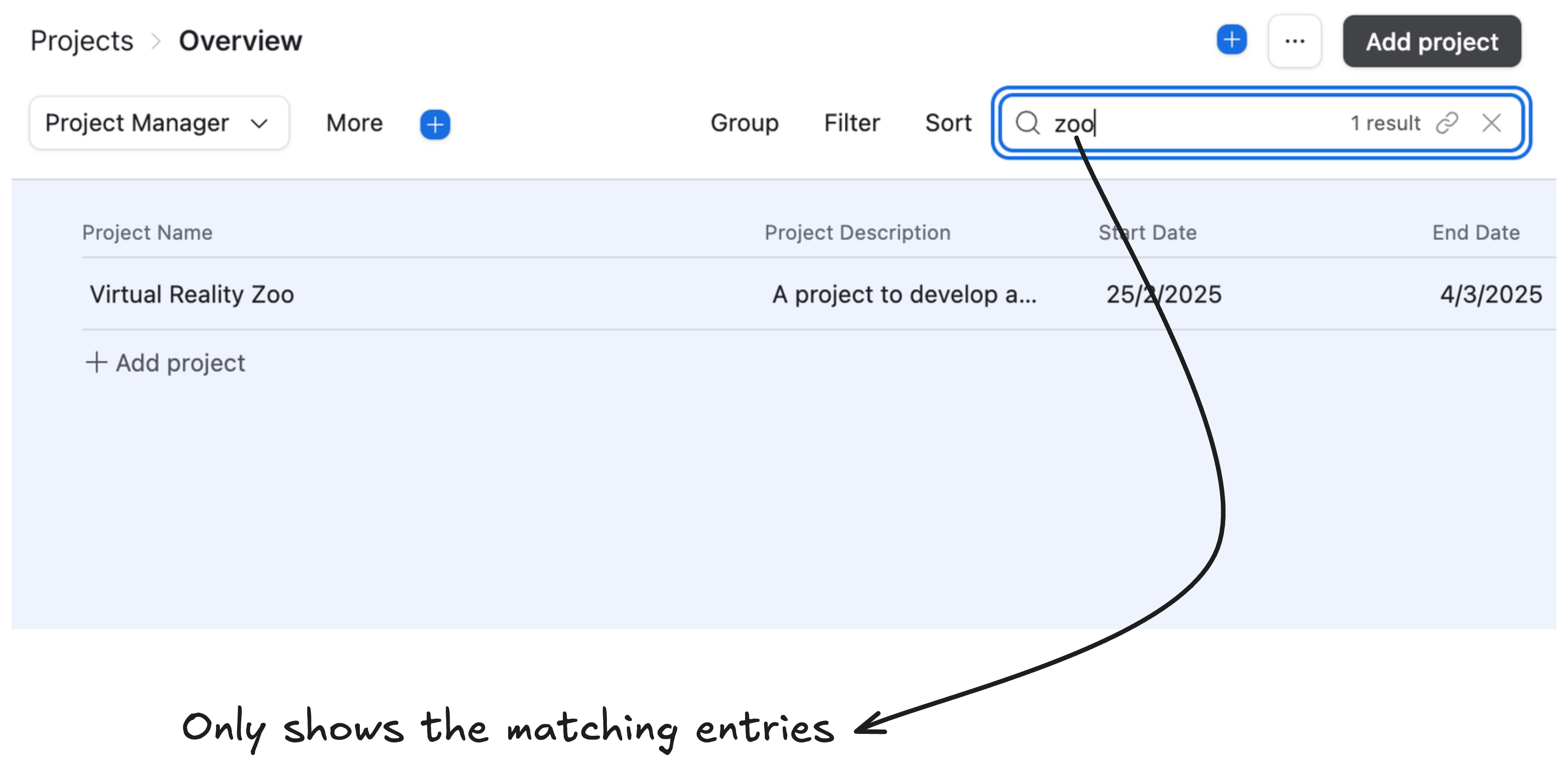 Only shows the matching entries